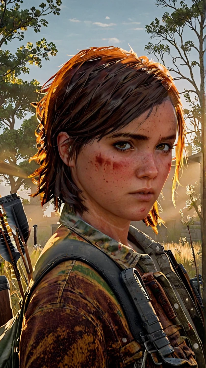 Ellie epilogue, Vintage Pendleton, blood, Cabello  Supremacy of short hair  en el Hairstyle , película de terror de los 80, the Last of Us: Part III Ellie epilogue'  Supremacy of short hair  en el Hairstyle de Last of Us 3, Epílogo de Santa Bárbara Ellie en the Last of Us:  Part 3 I was responsible for the hair ,  Ellie's body and outfit Epilogue in Santa Barbara . Hairstyle, parts,  brown and gray eyes , un primer plano de una mujer con parts en la cara,  Brown hair, ( Vintage Pendleton wool shirt Size 15 Plaid Long Sleeve with buttons DICKIES Brown , In a wasteland,  Frye Veronica women's combat boots made with hand-burnished vintage Italian leather with genuine stitched trim construction and leather lining,  AIRSOFT FULL FACE RESPIRATOR , M14 1945 rifles y bow and arrow, Ellie tlou3 , retrato,  Sun rays,  looking at the viewer , awarded, (8K,  RAW photo,  better quality,  masterpiece:1.2),  ultra detailed, ( very detailed skin :1.2), 8k UHD, DSLR Camera,  soft lighting ,  HIGH QUALITY ,
 THE LAST PART III OF US ELLIE EPILOGUE , the Last of Us: Parte III Epílogo de Ellie ' Supremacy of short hair  en the Last of Us 3 Peinado, Epílogo de Santa Bárbara Ellie en the Last of Us:  Part 3 I was responsible for the hair  de Santa Bárbara del epílogo de Ellie, Body and outfit.  Hair style ,  brown gray eyes , A close-up of a woman with parts on her face,  Supremacy of short hair , ( Vintage Pendleton Wool Shirt Size 15 Plaid Satin Long Sleeve Brown DICKIES,In a wasteland,) booties,  FULL RESPIRATOR airsoft 3M , & bow and arrow,