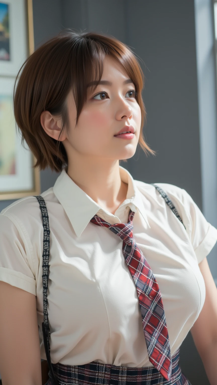 (highest quality,8K,masterpiece),
Very beautiful Japan models,fine skin,realistic skin, lip gloss,rouge,
very short hair,pixie cut,
School_uniform, 大き目のイヤリング
big breasts,peach,
plaid skirt, white shirt, big breasts,
indoor,gray walls,