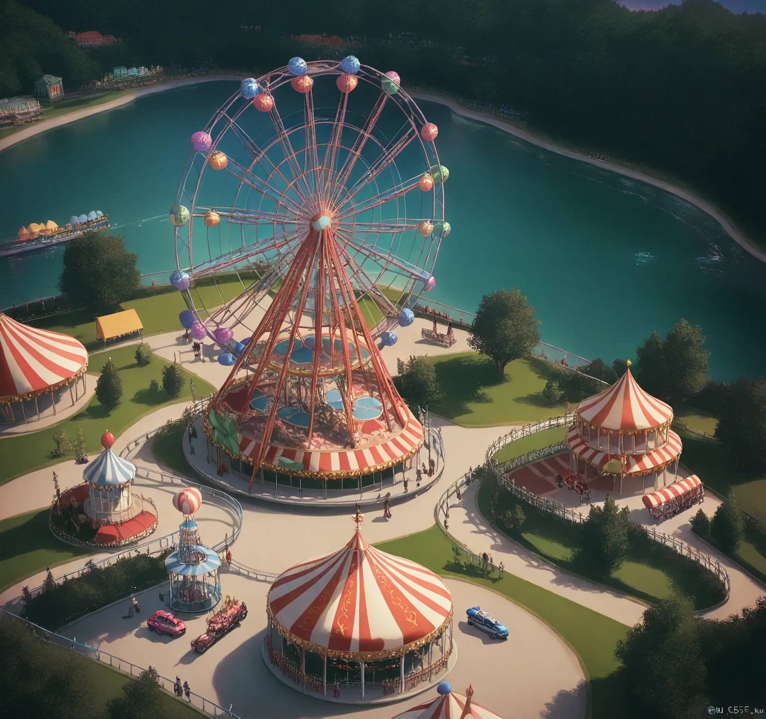  aerial view， amusement park，Ferris Wheel， HD texture，Curved path，Abundant greenery ， circus tent ，UE5 Rendering，3D Model， cartoon style ，Dusk