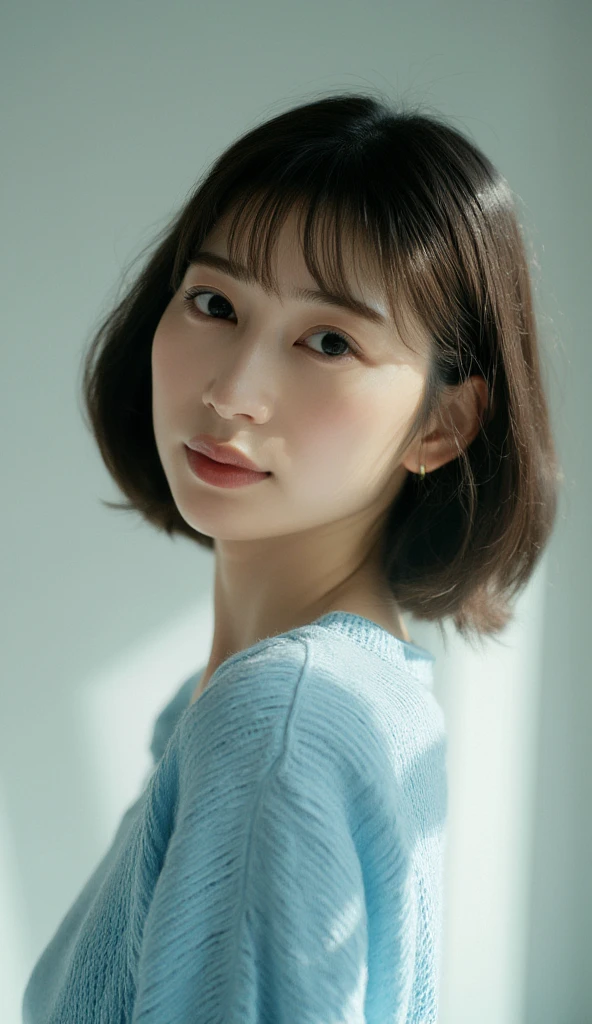 (highest quality、8K、32K、masterpiece、nffsw:1.2)、Photo of a beautiful Japanese woman in her 30s、mature woman、very short hair、short hair、shortcut、Upper body、necklace、shot from above、Don't look at the camera、(realistic、Photoreal:1.37)、1 girl、Shot in natural light、Physically based rendering、excellent image quality、High resolution、1080P、(Detailed facial description)、(Detailed explanation of hands)、(Detailed CG)、Rich details、(exquisite features)、(best image quality)、(masterpiece)、(fine eyes)、delicate clavicle、Versatile poses、profile、white wall、Taken in front of the white door、(窓のあるwhite wallの部屋)、earrings、laughter、Spring clothes、((pastel long sleeve dress))