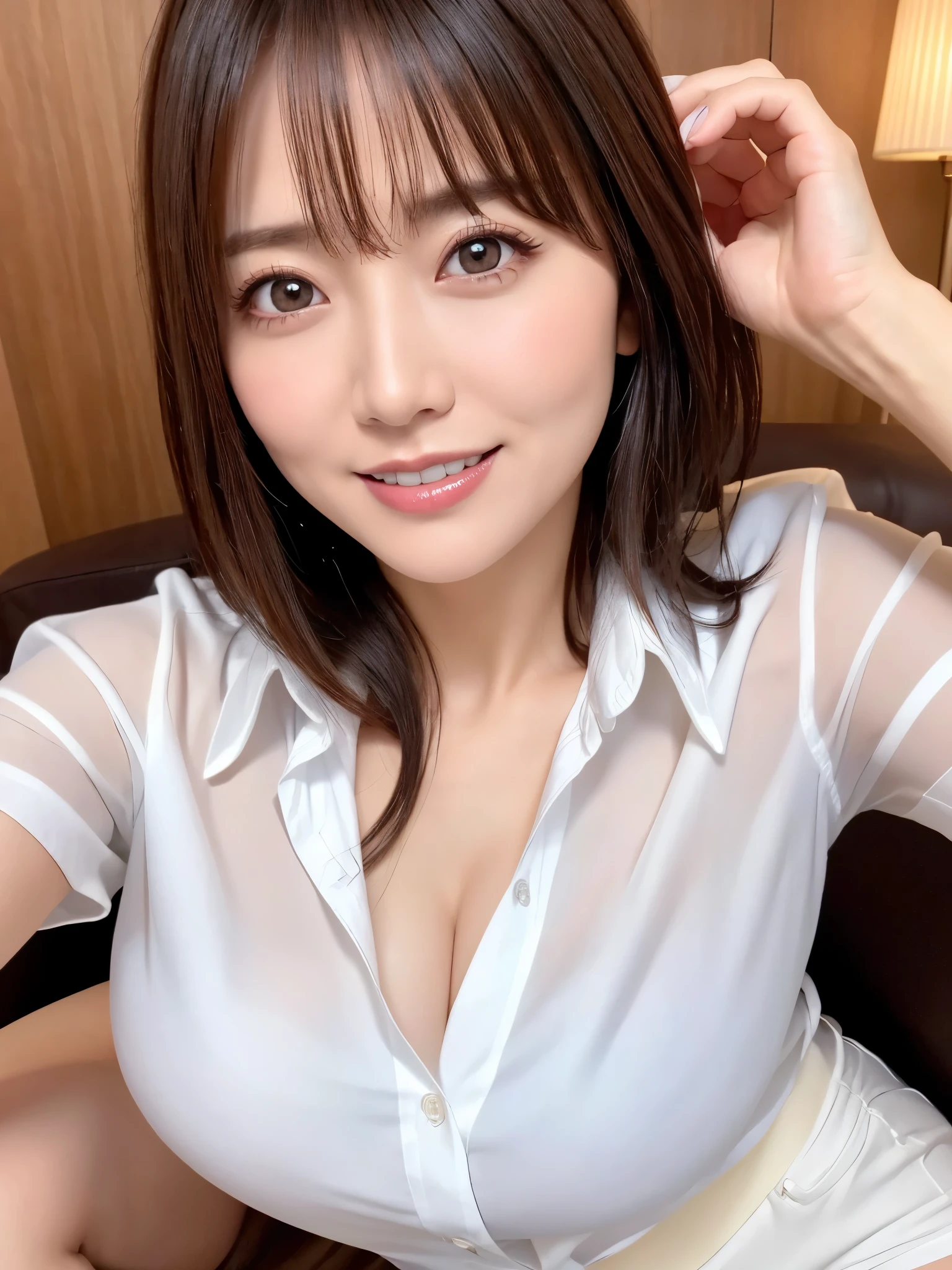 ( top quality、    detailed CG Unity 32K wallpaper   、8k、 Max image    、  Award-winning works  )、   Wacky Solution  、The Law of Perspective、  one beautiful woman  , (Big Breasts:1.2)、(   Perfect fit   :1.1)、(  :1.1)、(white shirt and shorts  :1.2)、(   blurry luxury love hotel background   :1.1)、(  Feel-good warm lighting    :1.1)、(   Moody Luxury Love Hotel   :1.1)、  Ultra-high resolution glossy lips  、Ultra High Resolution Perfect Face   、   Super high quality hair   、   Beautiful 40 year old woman、 Ultra High Definition Glowing Eyes     、   super resolution for perfect natural teeth、 Ultra high definition radiant skin   、look at me、   raise your face 