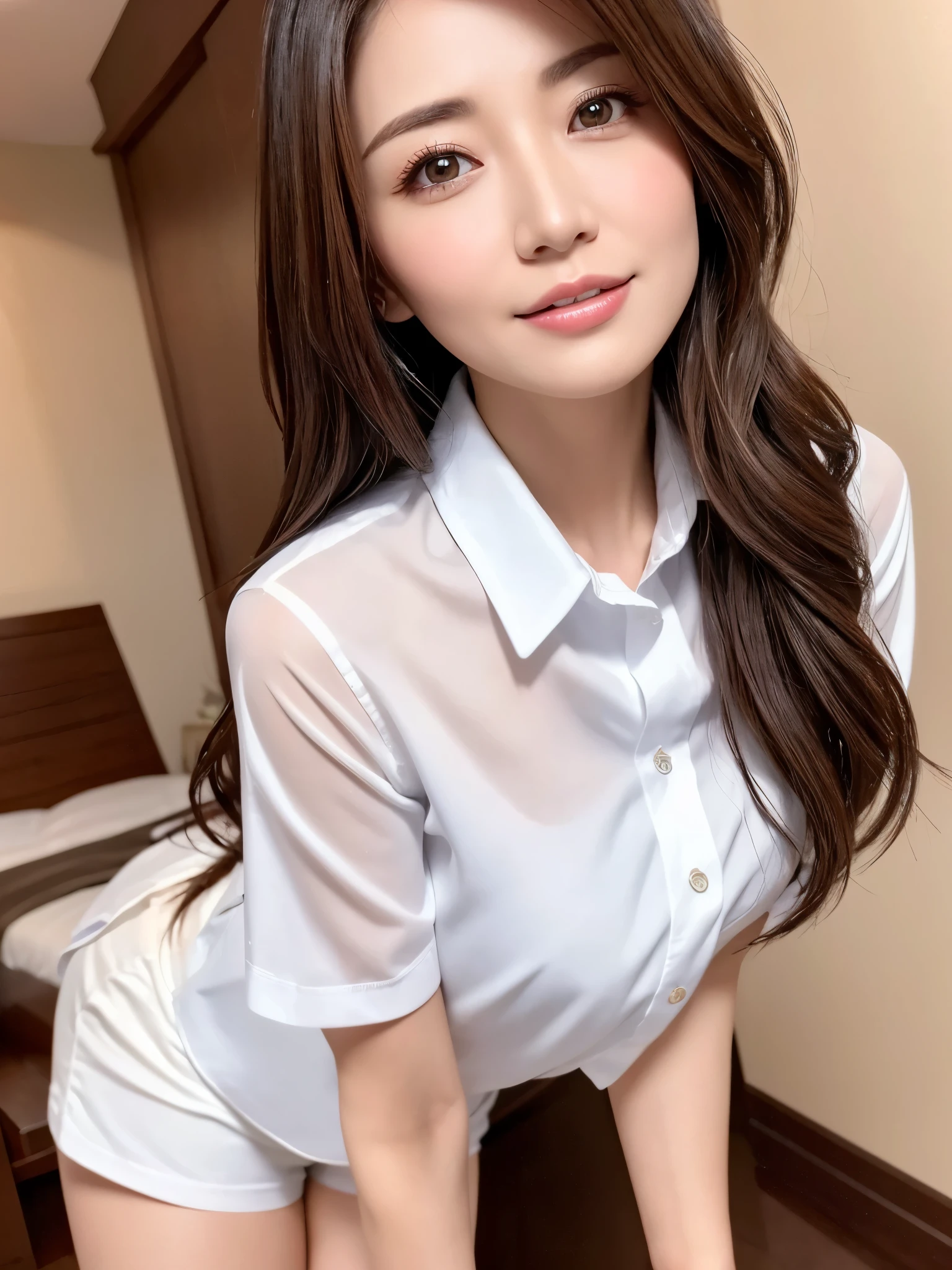 ( top quality、    detailed CG Unity 32K wallpaper   、8k、 Max image    、  Award-winning works  )、   Wacky Solution  、The Law of Perspective、  one beautiful woman  , (Big Breasts:1.2)、(   Perfect fit   :1.1)、(  :1.1)、(white shirt and shorts  :1.2)、(   blurry luxury love hotel background   :1.1)、(  Feel-good warm lighting    :1.1)、(   Moody Luxury Love Hotel   :1.1)、  Ultra-high resolution glossy lips  、Ultra High Resolution Perfect Face   、   Super high quality hair   、   Beautiful 40 year old woman、 Ultra High Definition Glowing Eyes     、   super resolution for perfect natural teeth、 Ultra high definition radiant skin   、look at me、   raise your face 