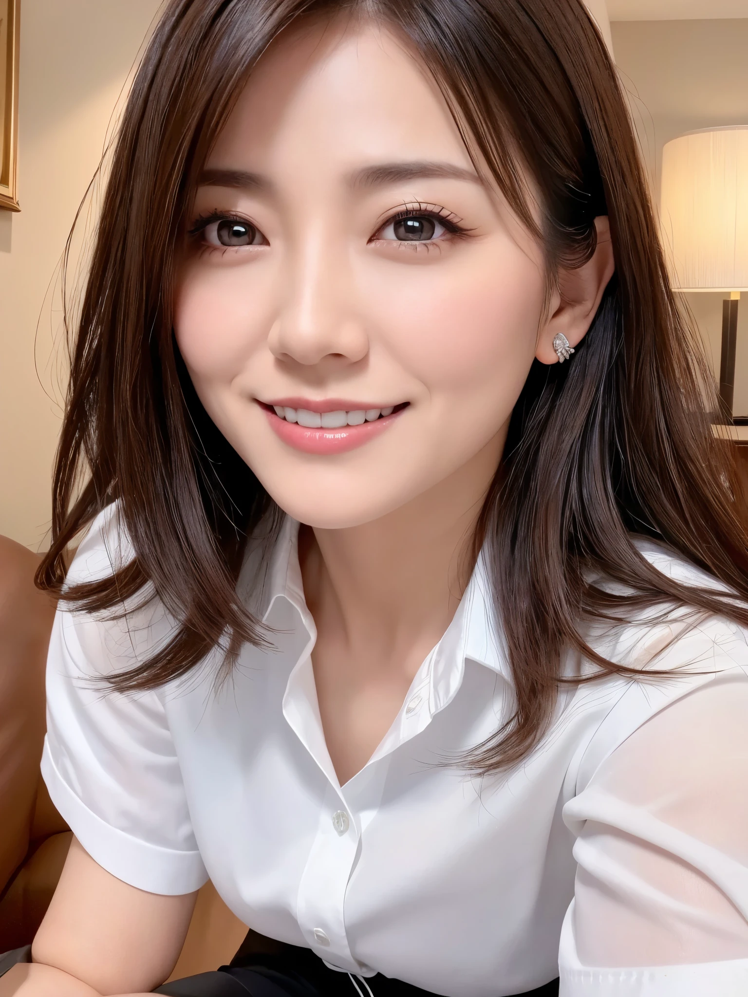 ( top quality、    detailed CG Unity 32K wallpaper   、8k、 Max image    、  Award-winning works  )、   Wacky Solution  、The Law of Perspective、  one beautiful woman  , (Big Breasts:1.2)、(   Perfect fit   :1.1)、(  :1.1)、(white shirt and shorts  :1.2)、(   blurry luxury love hotel background   :1.1)、(  Feel-good warm lighting    :1.1)、(   Moody Luxury Love Hotel   :1.1)、  Ultra-high resolution glossy lips  、Ultra High Resolution Perfect Face   、   Super high quality hair   、   Beautiful 40 year old woman、 Ultra High Definition Glowing Eyes     、   super resolution for perfect natural teeth、 Ultra high definition radiant skin   、look at me、   raise your face 