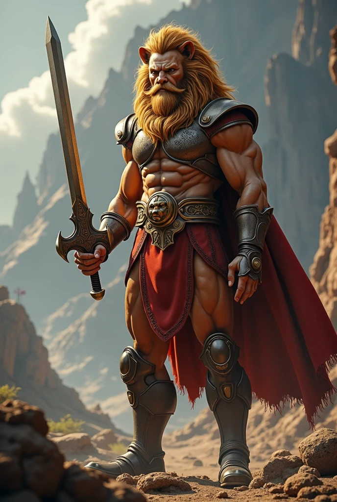 Very detailed, full color, full body photograph of a centaur.:1.2, standing, high, Red hair, Long hair, bushy beard, White skin, hairy chest, ((body hair++)) gauntlets, showing chest, detailed muscular physique, sword in hand, medieval sword, Realistic representation, 4k resolution. below: Smithy, a forge of fire, surrounded by sword, armor, Shields, magic crystals, 32k UHD, Best Quality, masterpiece,