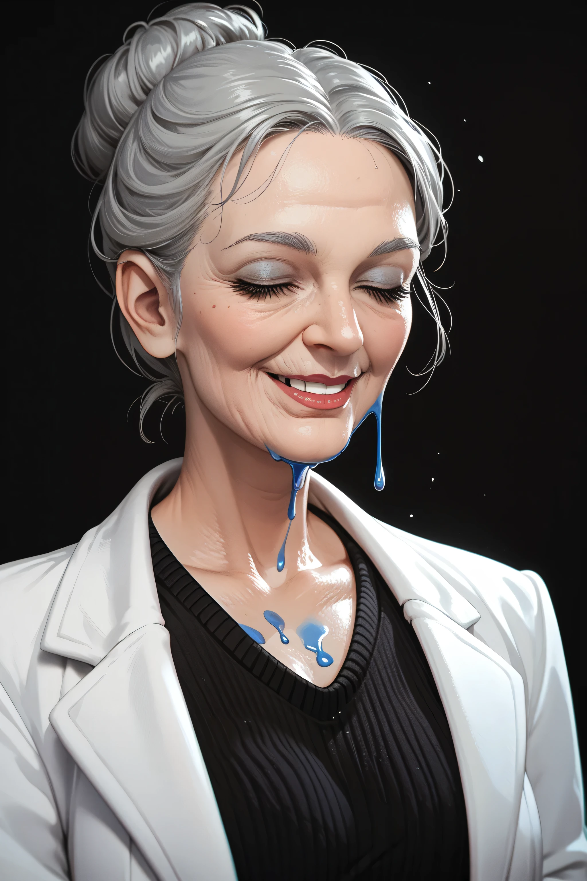 score_9, score_8_up, score_7_up, black background, elderly, woman, gray hair, blue liquid on chin and_neck intelligent, lab coat, warm loving smile, black high neck sweater, gray skirt, looking toat viewer, moaning, eyes closed, carrie underwood