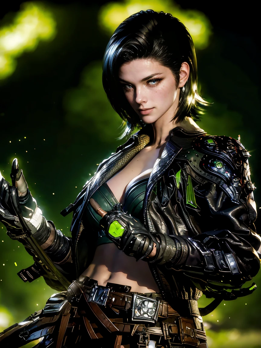 solo Adult female, (masterpiece), best quality, expressive eyes, perfect face, Dark lines, Frenya, the first descendant, short black hair, brown eyes, eyes, black leather jacket, large breasts, character centered in image, half body shot, close up shot, looking at viewer, dark city, black and green lighting, poisonous clouds, poisonous fumes, strong pose, cleavage, gloves, belt, short hair, glowing, masculine features, strong jaw, on a battlefield
