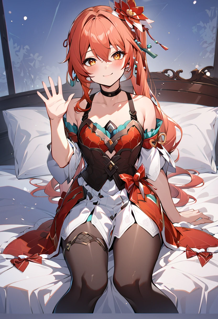  in the bedroom、Gui Naifen、girl sitting on bed、 side tail、Vermilion Hair、 black tights、They are looking at viewers and waving、 with a smile、blush、 white bed sheets、