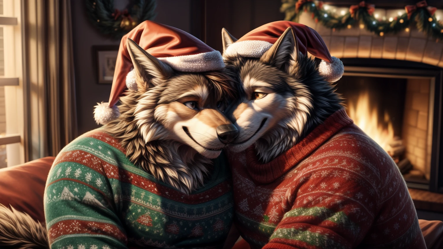 Two handsome male wolf boyfriends celebrating Christmas together in their home, male couple, same sex, male, couple, happy couple, Christmas, Christmas hats, sants hats, holiday season, gay couple, ugly christmas sweaters, detailed, detailed lighting, detailed shading, detailed features, detailed fur, fur, wolf, canine, pair, smiling, affection, affectionate couple, clothed, SFW, cute couple, male wolves