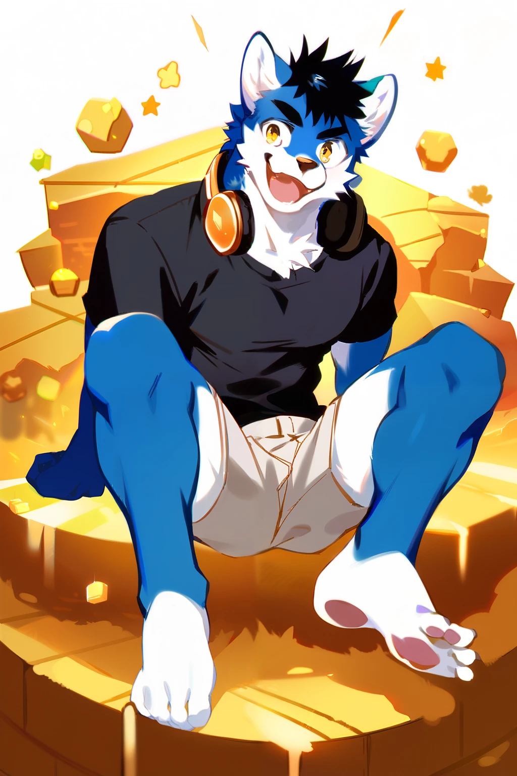 score_9, score_8_up, score_7_up, male, furry, high quality, hires, anthro, teenager, blue fur, white fur, black hair, short hair, yellow eyes, wide black eyebrows, an excited expression, humanoid feet, slim body, prominent v-line, prominent abs, prominent legs, prominent forearm, prominent knees, white background, treasure trail, furry legs, headphones, shorts, black shirt, showing off, in various sexy poses