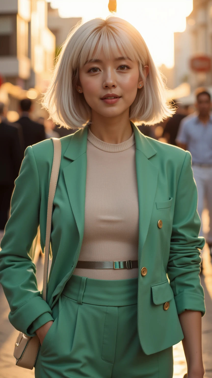 Realistic Malay girl wear Half Button Rib Knit Tee with green jacket and High Waist Plicated Detail Suit Pants, short white hair, bob haircut with bangs, walking in city street, catwalk, confident walk, carrying handbag, windy, elegance, front view, detail skin, detail skin texture, beautiful malay face, pastel color outfit, small breast, wide hip, wide waist, thick thighs, slim abs, beautiful body, evening, sunset, sun light enhance dramatic mood, arrogant smile, professional cinematic  lighting, blur background, bokeh, realistic, ultra detail, high quality, 8k, closeup,