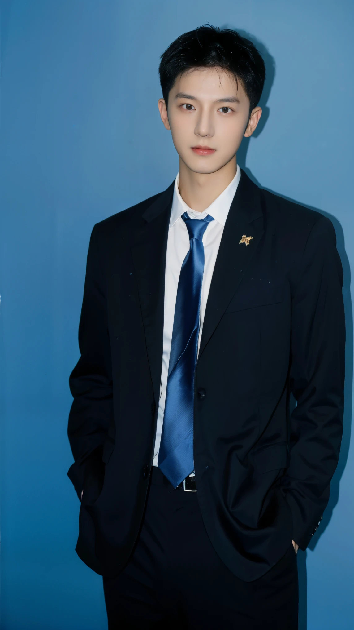 （Handsome Chinese guy ：1.5）， A man wearing formal clothes， ID photo ， blue background， Delicate Facial Features ，Boys，dark business suit,纯 blue background