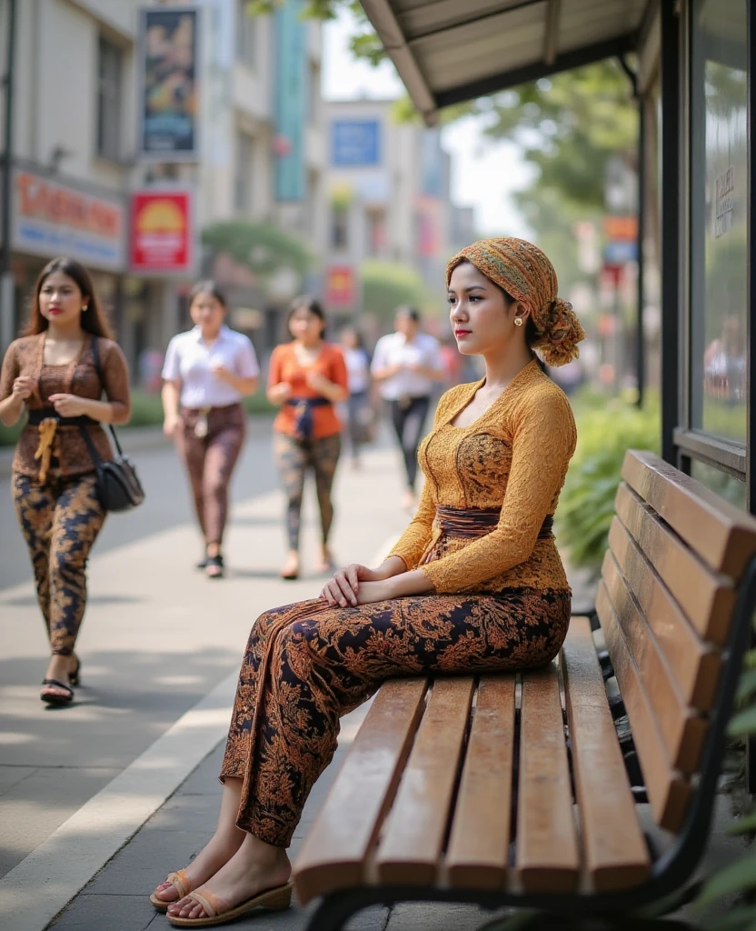 An Indonesian woman sits at a bus stop 