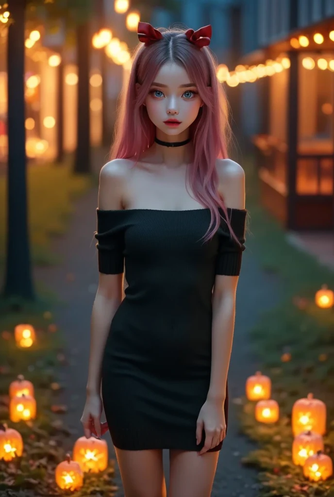 Very realistic, Hyperrealism , super real , (masterpiece, refined eyes with attention to detail : 1.2), (cute), -yeld gishe is a girl with smooth shiny black pink hair.,age 15 、 mas Decorations at Night at the Park When Snow Pours and Pile Up、( stand with a Christmas present in your hand), red ribbon、The length of the hair is shoulder length , Contrasting with her very pale skin. your eyes are deep blue , plump, Shiny pink lips . Her gaze is sharp 、mysteries.. She has a clear face, beautiful face and sharp expression , off-shoulder、white mini sweater dress、 black tights,Black High Heels,