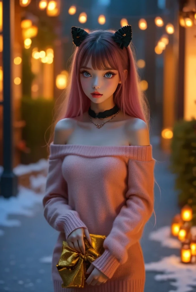 Very realistic, Hyperrealism , super real , (masterpiece, refined eyes with attention to detail : 1.2), (cute), 15-year-old girl、she is a girl with smooth shiny black pink hair.,age 15 、 Christmas Decorations at Night at the Park When Snow Pours and Pile Up、( stand with a Christmas present in your hand), red ribbon、The length of the hair is shoulder length , Contrasting with her very pale skin. your eyes are deep blue , plump, Shiny pink lips . Her gaze is sharp 、mysteries.. She has a clear face, beautiful face and sharp expression , off-shoulder、white mini sweater dress、 black tights,Black High Heels,