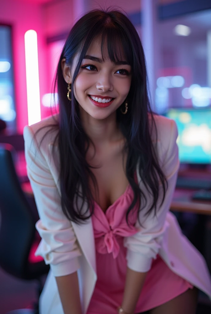 Full body photo of an Asian girl, with big eyes and long hair, wearing a purple silk halter top dress, sitting in a bar with a smile on her face, facing the viewer, with real skin texture, natural light, natural makeup, professional photography, professional color grading, shot in the style of a Sony A7R IV camera.