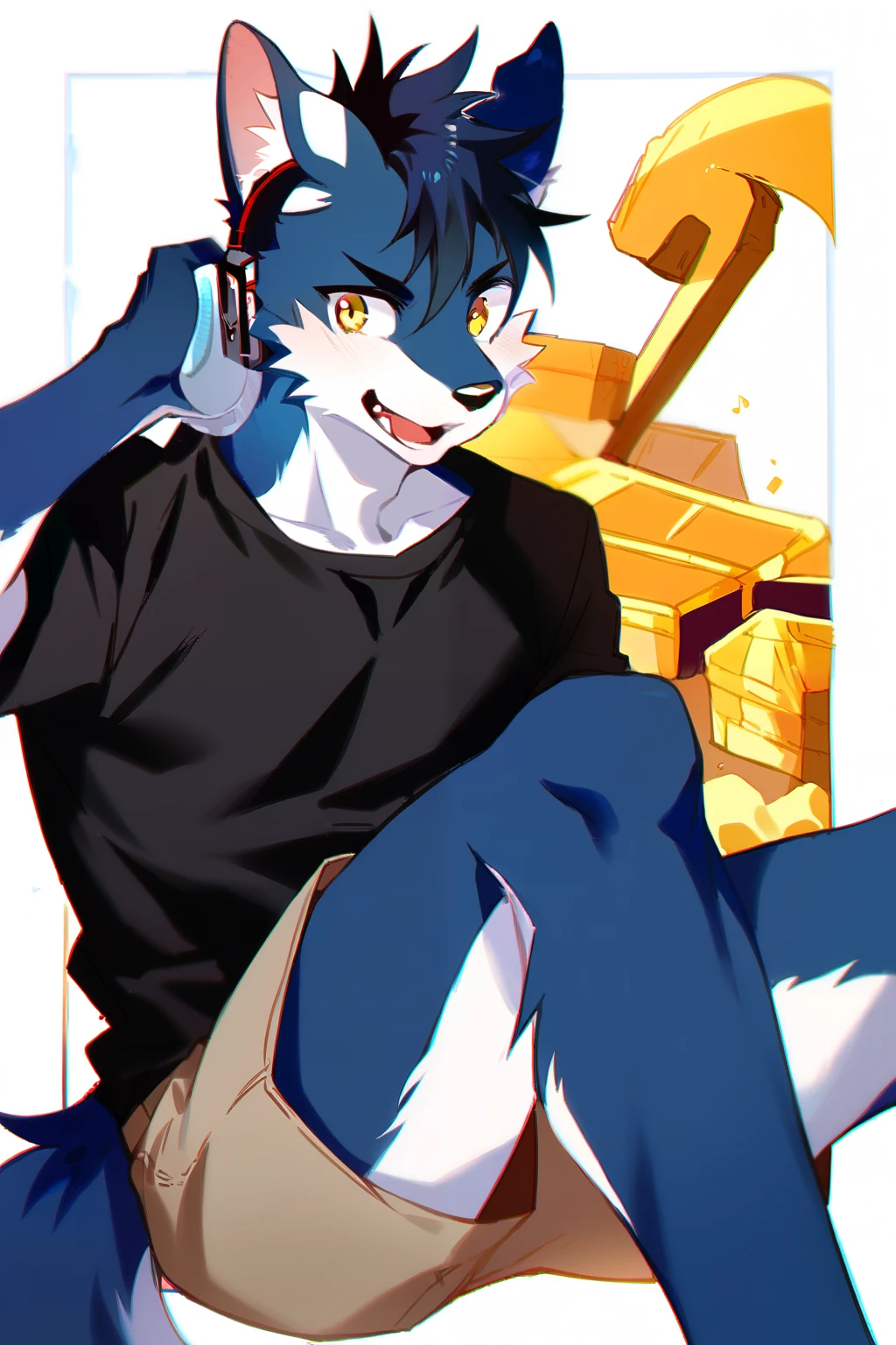 score_9, score_8_up, score_7_up, male, furry, high quality, hires, anthro, teenager, blue fur, white fur, black hair, short hair, yellow eyes, wide black eyebrows, an excited expression, humanoid feet, slim body, prominent v-line, prominent abs, prominent legs, prominent forearm, prominent knees, white background, treasure trail, furry legs, headphones, shorts, black shirt, showing off, in various sexy poses