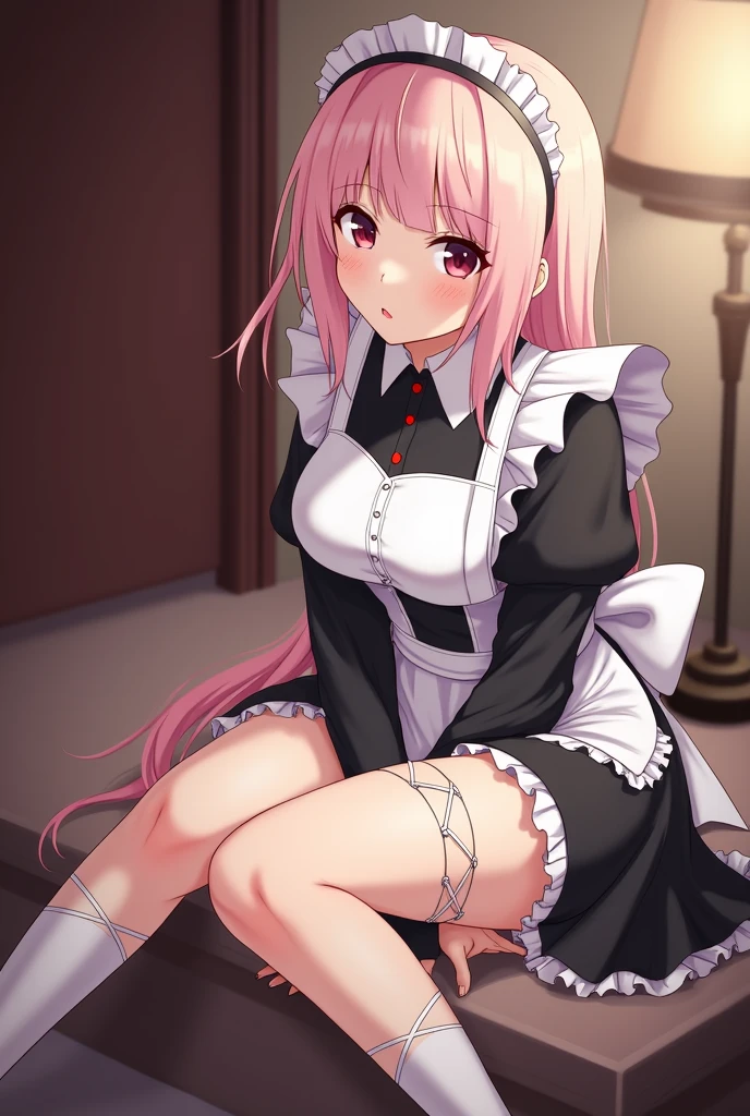 1 girl, , bow, cube hair ornaments, naked, frills, dark (Performance), hair ornaments, long hair, look away, maid, maid headドレス, mary janes, one side up, pink hair, face with shadow, shoes, short , alone, drops of sweat, Thighhighs, white Thighhighs, zettai ryouiki, nipple,Pussy,spread legs