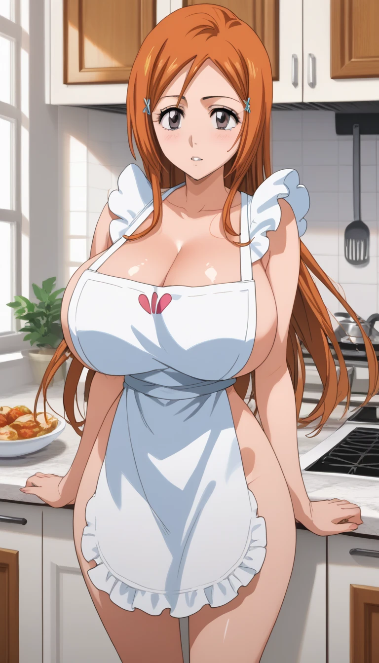  score_9,  score_8_ up,  score_7_ up,  source_anime,  (anime coloring, anime screencap:1.2),  Flat Color , shiny skin, (Huge breasts,long breasts),orihime,1girl,Alone,long hair,orange hair,grey eyes,hairclip,inoue orihime,wide hips,one woman,naked apron,cleavage between breasts,standing,whole body,from front,indoor,kitchen