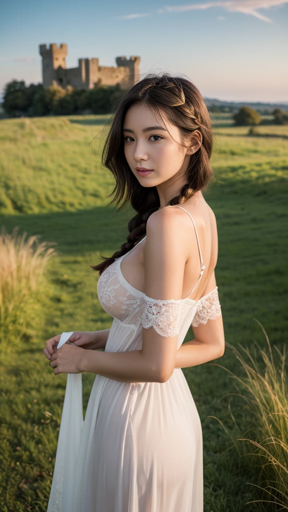 masterpiece, black hair, pure background, beautiful, elegant. Ultra-fine details, masterpieces, realistic textures, realistic cinematic lighting, perfect work, 8k, HD, delicate facial features, (Image from thighs to head), large breast, huge tits, (Japanese idol:1.2), seduction, beautiful detailed eyes, charming smile, looking at viewer, (thin to transparent, silky, lace, white long dress, open breasts, open thigh, Stylish, Elegant, detailed dress:1.3) , flower garden, Twilight , depth of field, sun light from behind