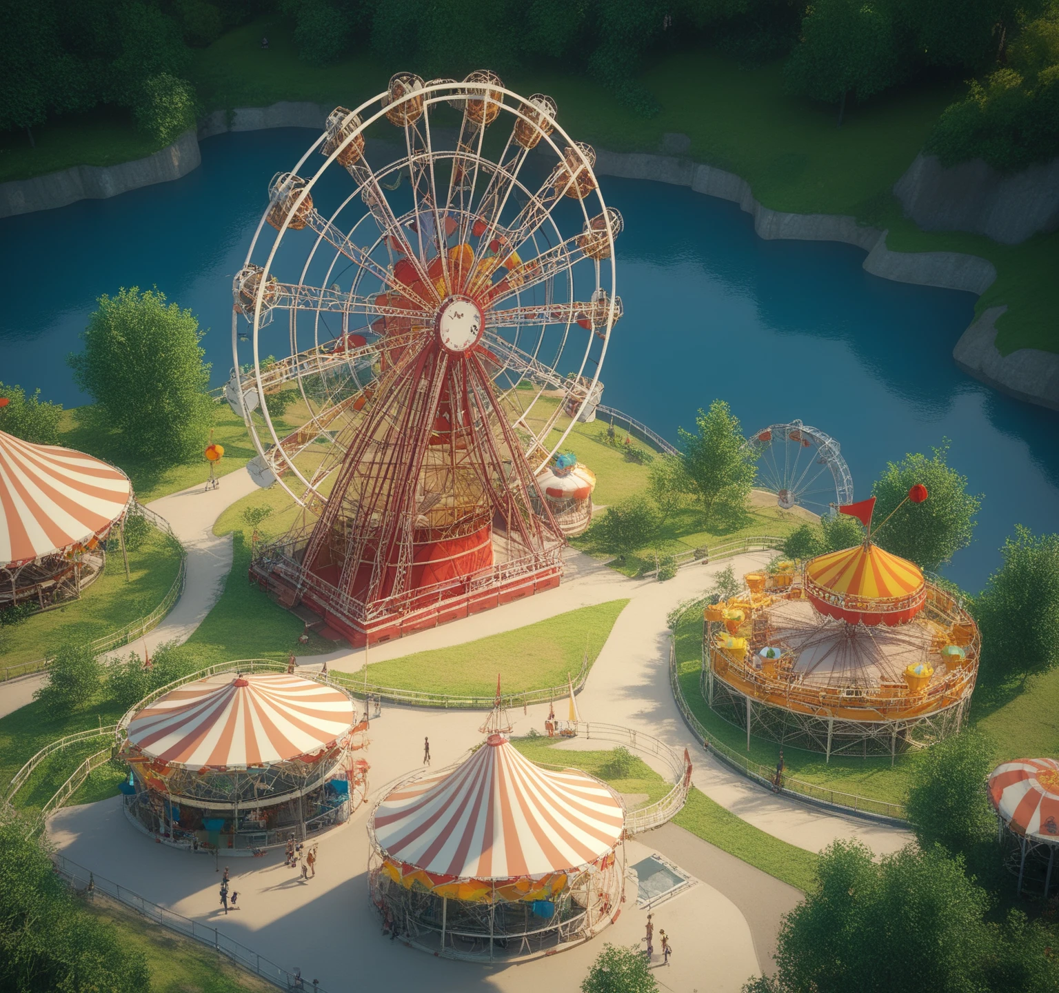  aerial view， amusement park，Ferris Wheel， HD texture，Curved path，Abundant greenery ， circus tent ，UE5 Rendering，3D Model， cartoon style ，Dusk