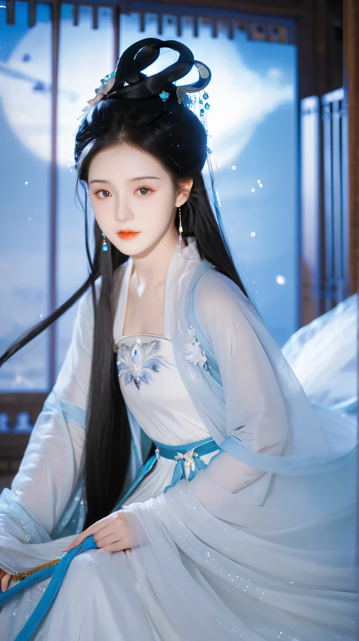  Best Quality  at best, 超高分辨率, ((( 1 girl))),(Long black hair), Game Fairy, Old Palace , Blue and white hanfu , ,  Elegant Light Yarn , jewelry, (focus), ((( colorful))), particle effects , masterpiece,  Best Quality  at best, Beautiful painting, meticulous,   Very detailed  , (masterpiece,  Best Quality  at best）  CG Uniform 8K Wallpaper，masterpiece， Best Quality ， super detailed）,  Ultra HD，Clear face