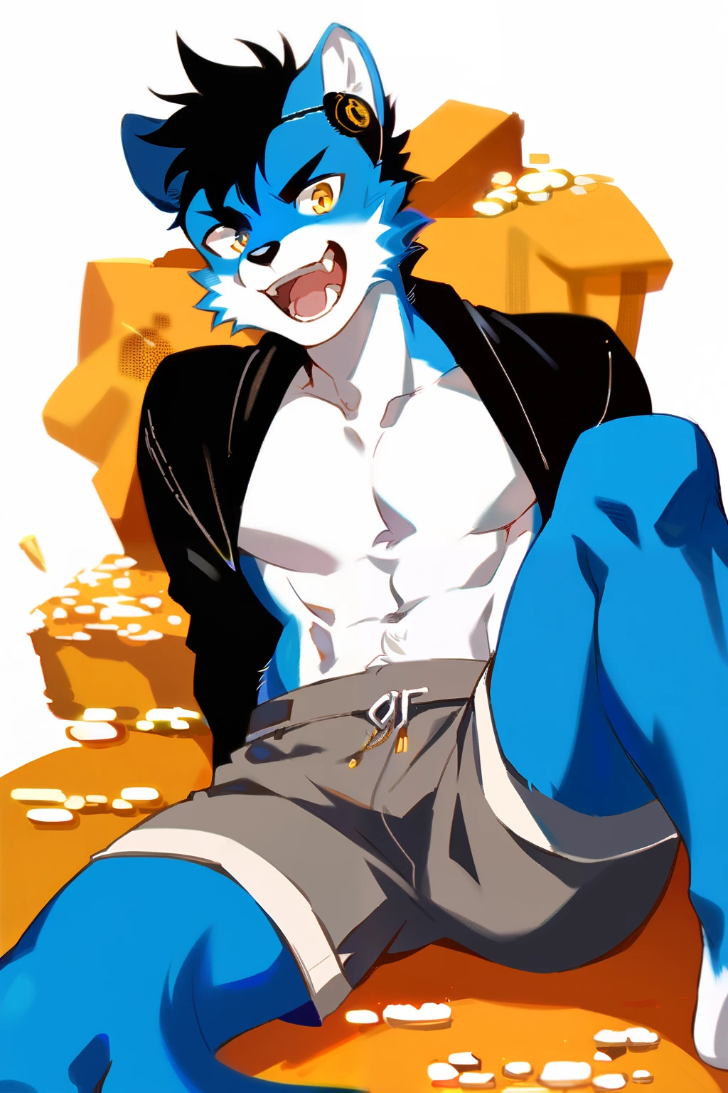 score_9, score_8_up, score_7_up, male, furry, high quality, hires, anthro, teenager, blue fur, white fur, black hair, short hair, yellow eyes, wide black eyebrows, an excited expression, humanoid feet, slim body, prominent v-line, prominent abs, prominent legs, prominent forearm, prominent knees, white background, treasure trail, furry legs, headphones, shorts, black shirt, showing off, in various sexy poses