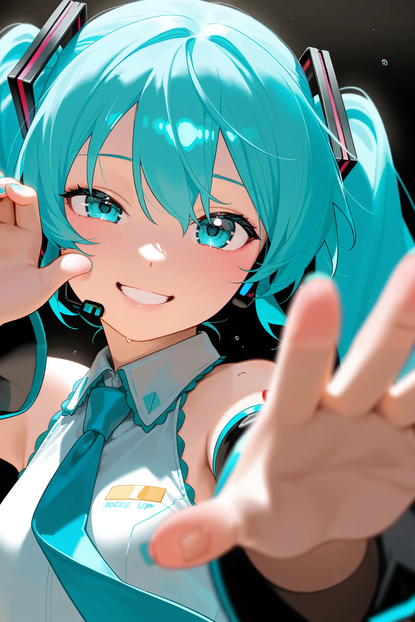  photorealistic 、Chibi Miku （Thumb up your right hand while doing a comical pose、Close your left eye）