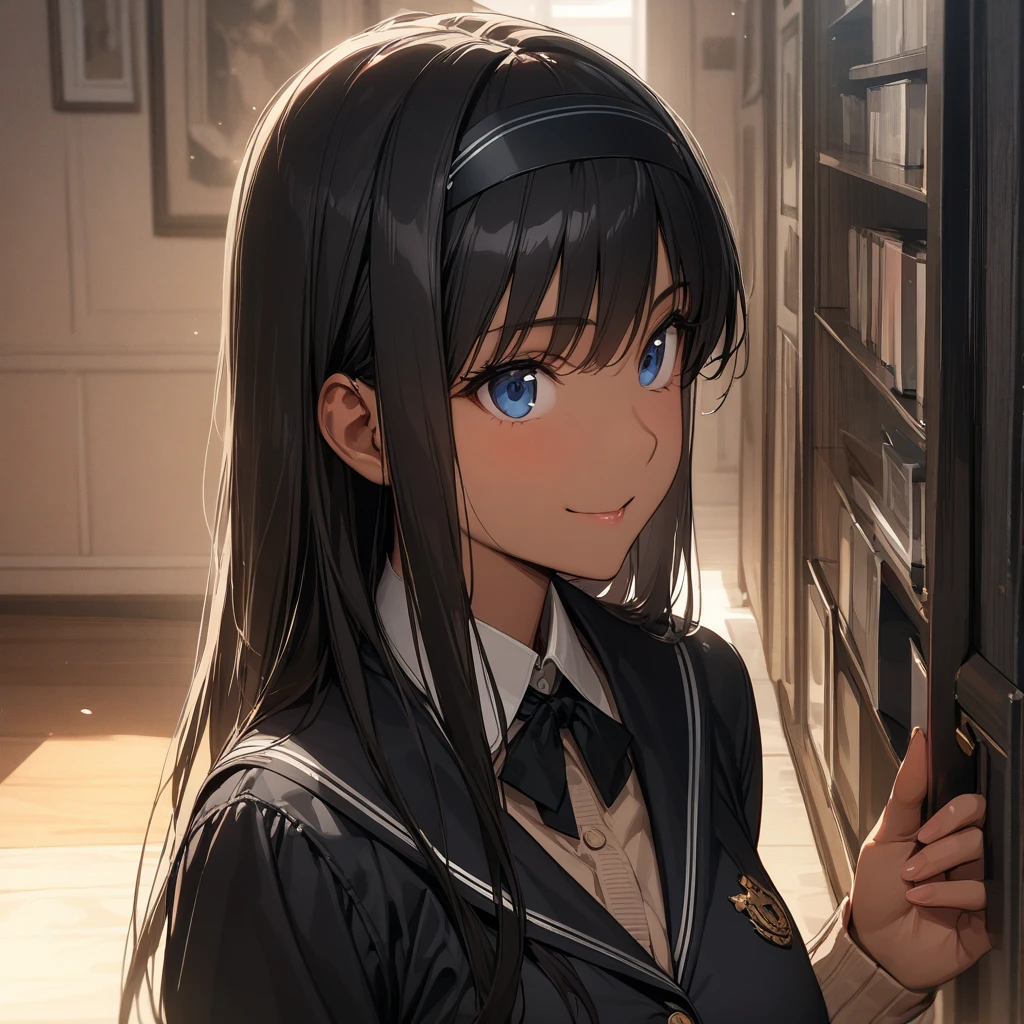 (masterpiece),(best quality),(ultra-detailed),(best illustration),(best shadow),(absurdres),(detailed background),(very aesthetic), haruka_Morishima, 1girl, Alone, kibito high school uniform, school uniform, hairband, long hair, blue eyes, black hair, long sleeves, smile, black jacket, jacket, very close-up, portrait, anime coloring(((( dark skin:1.8 )))), masterpiece, masterpiece, masterpiece, masterpiece, masterpiece, masterpiece, masterpiece, masterpiece, masterpiece, masterpiece, masterpiece,  High Definition ,  High Definition ,  High Definition ,  High Definition ,  High Definition ,  High Definition ,  High Definition ,  High Definition ,  ANATOMICALLY CORRECT ,  ANATOMICALLY CORRECT ,  ANATOMICALLY CORRECT ,  ANATOMICALLY CORRECT ,  ANATOMICALLY CORRECT ,  ANATOMICALLY CORRECT ,  ANATOMICALLY CORRECT ,  ANATOMICALLY CORRECT ,  ANATOMICALLY CORRECT ,  ANATOMICALLY CORRECT ,  ANATOMICALLY CORRECT ,  ANATOMICALLY CORRECT ,  ANATOMICALLY CORRECT ,  ANATOMICALLY CORRECT ,  ANATOMICALLY CORRECT ,  ANATOMICALLY CORRECT ,  ANATOMICALLY CORRECT ,  ANATOMICALLY CORRECT ,  ANATOMICALLY CORRECT ,  ANATOMICALLY CORRECT ,  ANATOMICALLY CORRECT ,  ANATOMICALLY CORRECT ,  ANATOMICALLY CORRECT , 最 High Quality , 最 High Quality , 最 High Quality , 最 High Quality , 最 High Quality , 最 High Quality , 最 High Quality , 最 High Quality , 最 High Quality , 最 High Quality ,  won many awards ,  won many awards ,  won many awards ,  won many awards ,  won many awards ,  won many awards ,  won many awards ,  won many awards ,  won many awards ,  won many awards ,  won many awards ,  High Details,  High Details,  High Details,  High Details,  High Details,  High Details,  High Details,  High Details,  High Details,  High Details,  High Details,  very detailed,  very detailed,  very detailed,  very detailed,  very detailed,  very detailed,  very detailed,  very detailed,  very detailed,  Ultra Fine,  Ultra Fine,  Ultra Fine,  Ultra Fine,  Ultra Fine,  Ultra Fine,  Ultra Fine,  Ultra Fine,  U