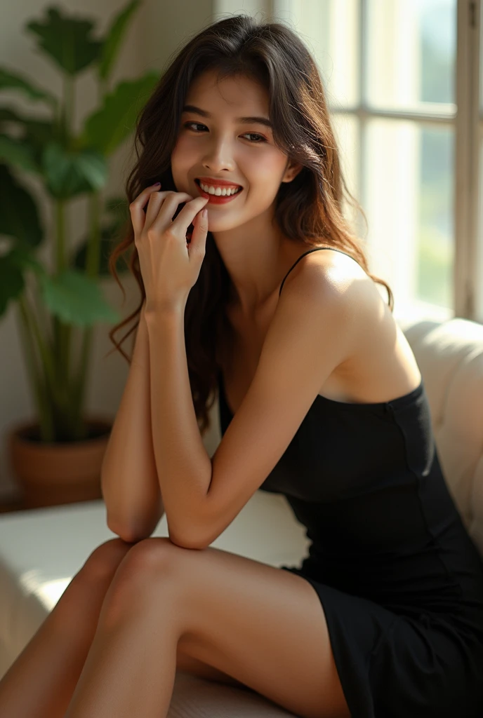 highest resolution、8k、30 year old female、japanese woman、realistic teeth、fine eyes、realistic hands、big breasts、beautiful feet、whole body、sofa、cat pose、sexy、smile
