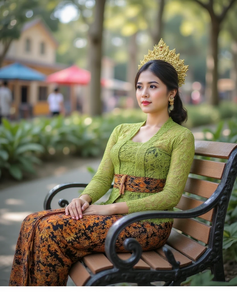 An Indonesian woman wearing a green kebaya dab and wearing a Majapahit crown sits in a street park chair in Malioboro city Yogyakarta Indonesia.