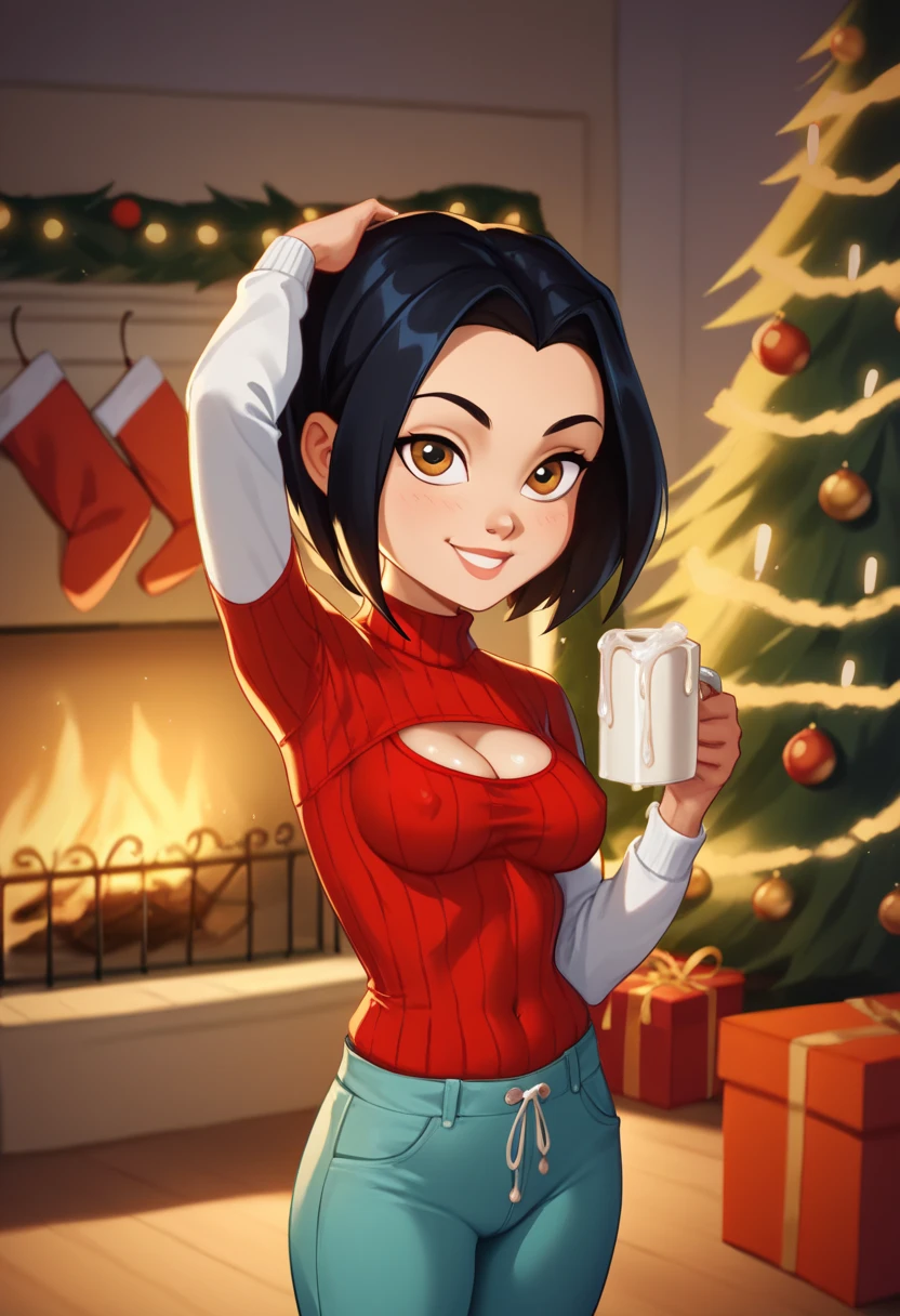 jadechan, young female character, Jackie Chan Adventures style art, 2D_CG, low_complexity, low_Detail, flat colors, 1girl, black hair, brown eyes, medium breasts, tiny body, short hieght, solo, short hair, long sleeves, skintight ribbed_christmas_sweater, evidently braless, visible nipple outline, cleavage cutout, smile, cozy pants, cozy fireplace in the background, christmas decor, decorated christmas tree backdrop, festive lights, indoors, looking at viewer, upper body, portrait, one arm up, drinking a mug of what decievingly looks like eggnog but is actually semen/cum. cum dripping from her mouth, slutty, drinking cum, cum on her cheeks, cum on her chin,