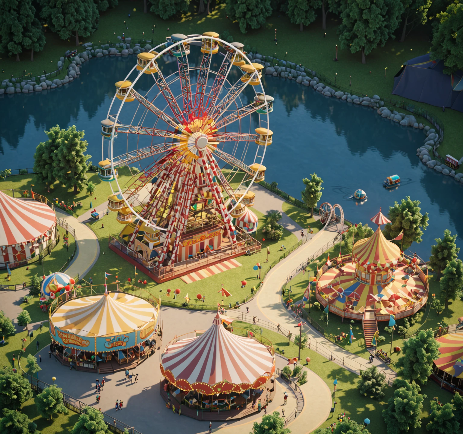  aerial view， amusement park，Ferris Wheel， HD texture，Curved path，Abundant greenery ， circus tent ，UE5 Rendering，3D Model， cartoon style ，Dusk