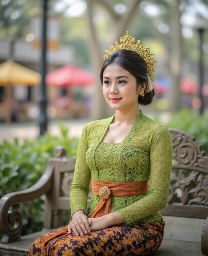 An Indonesian woman wearing a green kebaya dab and wearing a Majapahit crown sits in a street park chair in Malioboro city Yogyakarta Indonesia.