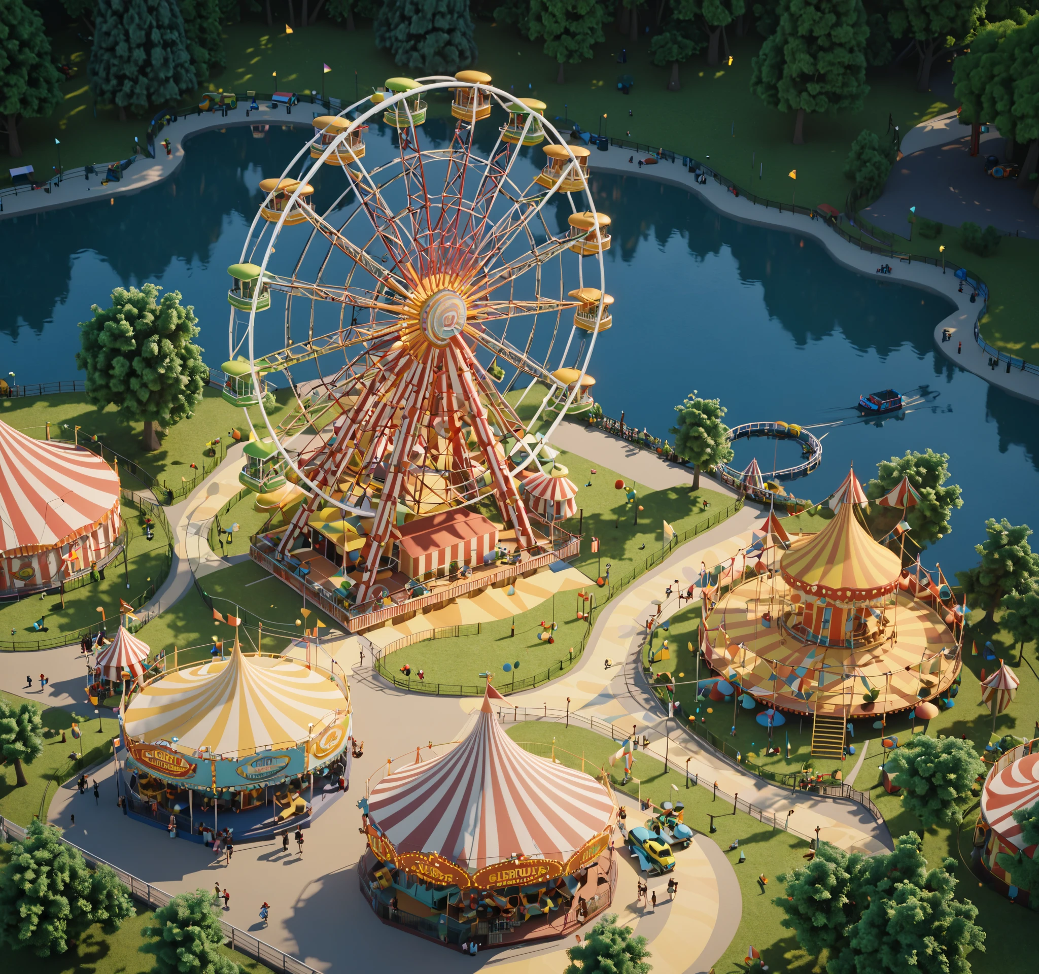  aerial view， amusement park，Ferris Wheel， HD texture，Curved path，Abundant greenery ， circus tent ，UE5 Rendering，3D Model， cartoon style ，Dusk