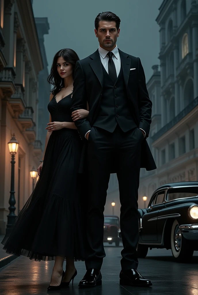 man and woman, Daniel Sisniega in black suit, near Catherine Zeta-Jones in black dress,woman with long hair, man with short hair, Victorian era, unshaven, Undercut,short brown hair combed back, 30 years old, beautiful face, arrogant look, a Catholic church in the background, black smoke swirling behind him, darkness swirling, villain, Lasombra.