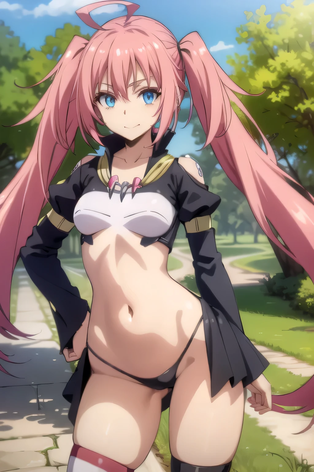 (best quality, professional quality, masterpiece, intricate, ultra detailed:1.2), photorealistic, HD, sharp focus, depth of field, professional photography, perfect lighting, extremely detailed CG, {{perfect hands, perfect finger, perfect anatomy}}, {beautiful detailed eyes}, (shiny skin, gloss skin:1.1), (outdoor, grassland, prairie, blue sky:1.1), from front, cowboy shot,
#
pink twintails, (long twintails:1.1), ahoge, blue eyes,
#
white crop top, black sleeves, green jewel, black panties, red boots, single striped thighhigh, one garter,
#
smile,
#
standing,