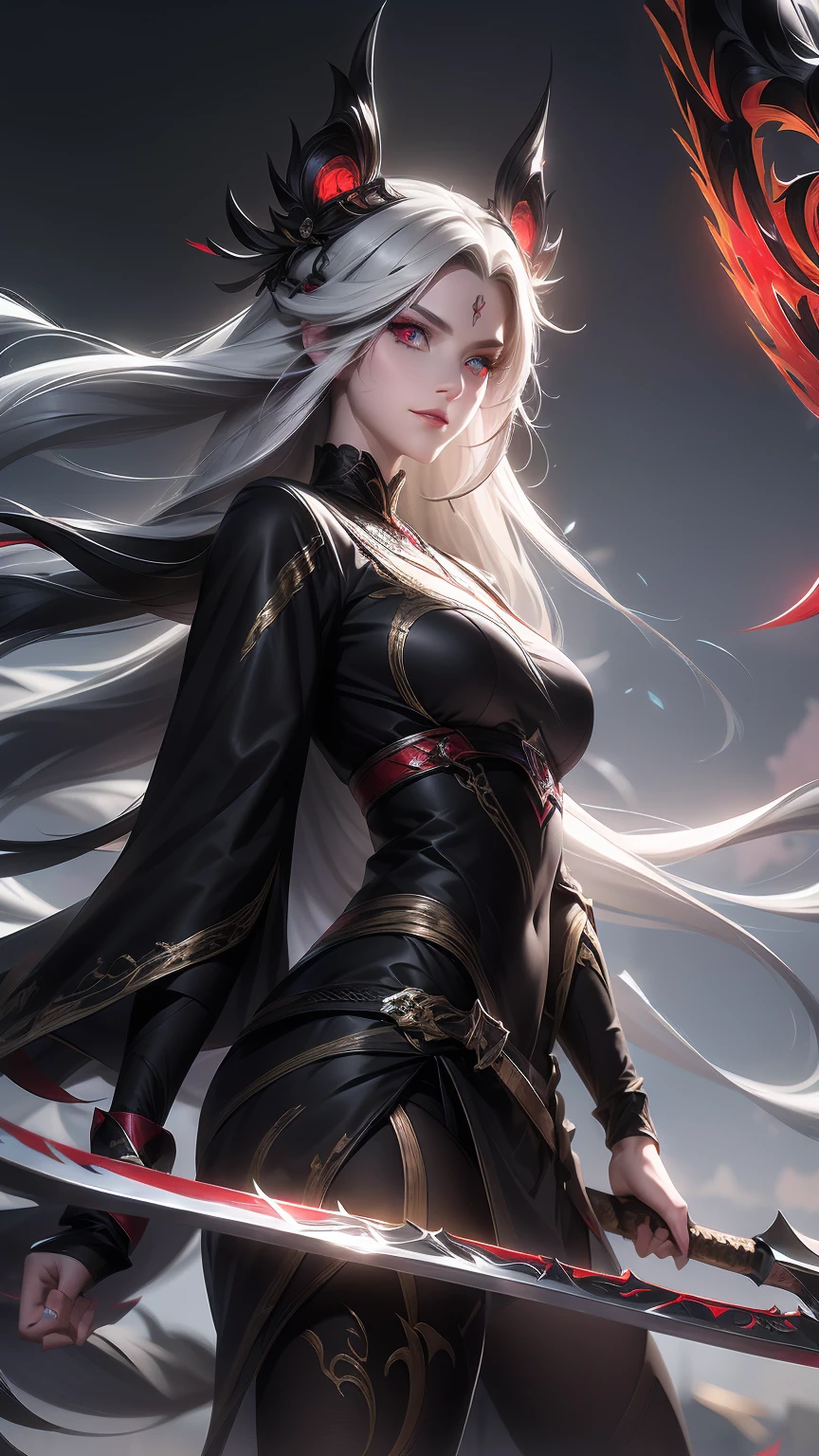 long hair, black and white hair, heterochromia hair, red eyes, upturned eyes, straight hair, evil smile, closed mouth, expressionless, anime, UHD, accurate, masterpiece, textured skin, scythe weapon in hand, super detail, high details, high quality, award winning, best quality, highres, 1080P, HD, 4K, 8k, 16k
