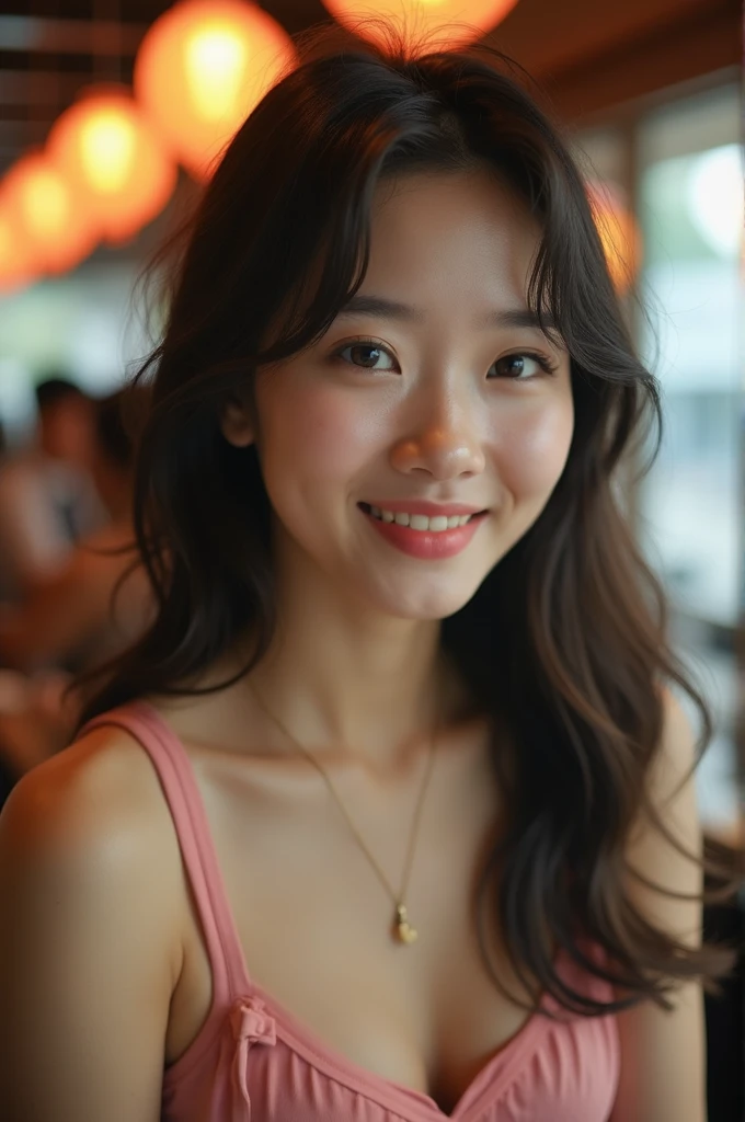 Highest quality、Japanese、1、(Hostess)、Brown Hair、cute、private、Off-shot、(Living Style:1.3)、(Selfie:1.3)、Selphy、(1 person)、(slender:1.2)、(Black camisole:1.2)、Cafe、smile、Resting one&#39;s chin on one&#39;s elbow