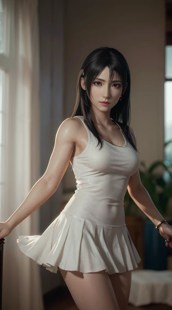 ( best quality , ultra-detailed),(realistic:1.37), "Tifa lockhart", Beautiful and detailed,  black eye makeup, textura ultra realistic, delicate face, expression a slight smile 