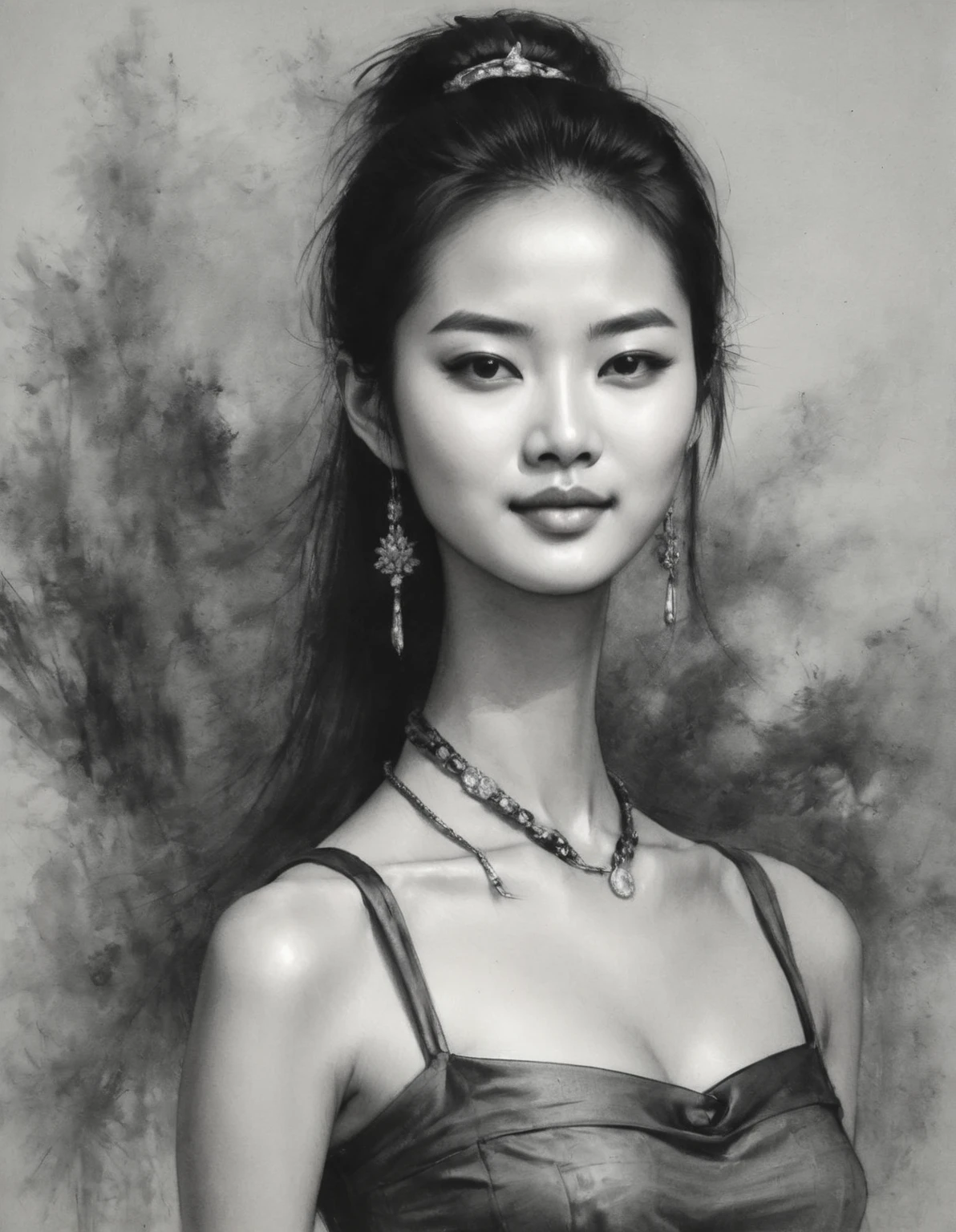 Chinese beautiful woman, 20 years old, young and beautiful fashion，charcoal drawing