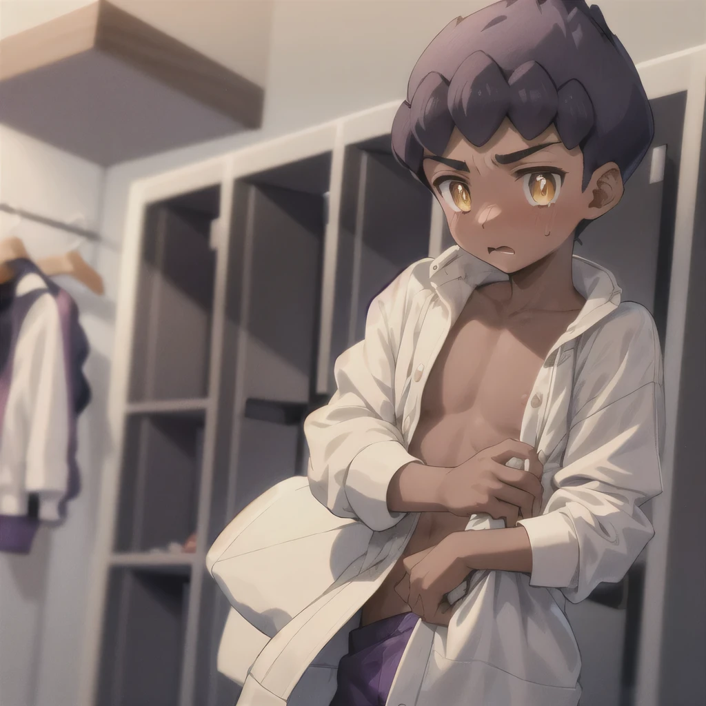 masterpiece,   top quality ,  {{One boy , hop \(  Pokémon\), Purple Hair,    short hair,   yellow eyes, Dark Skin,  , White Breath,  take off my clothes、Embarrassed、blush、locker room