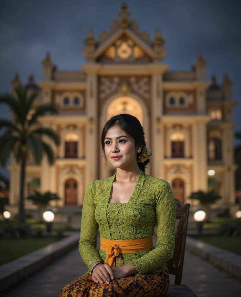  An Indonesian woman wearing a green kebaya sits on a chair in front of a large monument with the inscription "LAWANG SEWU' at night  