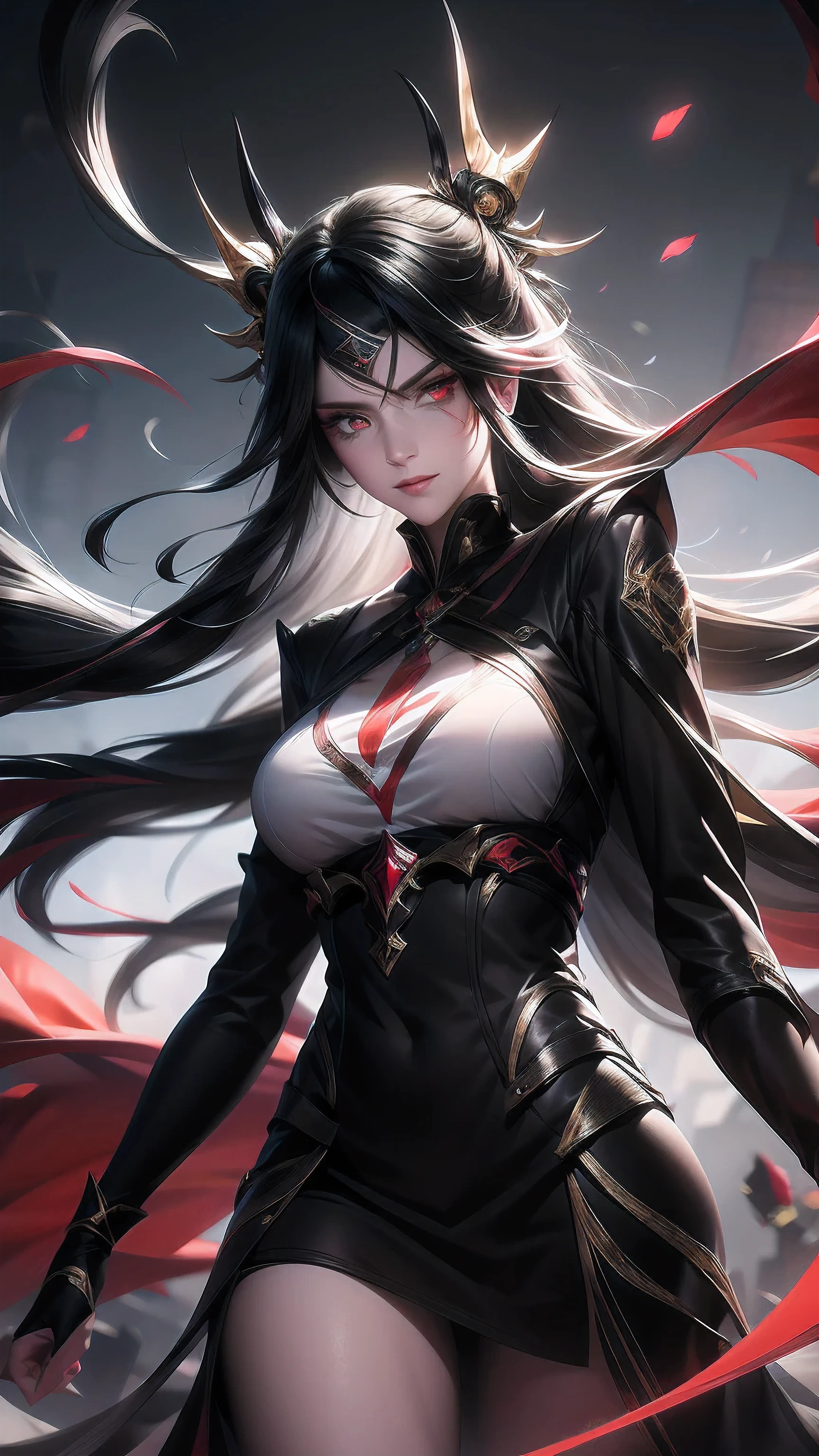 long hair, black and white hair, heterochromia hair, red eyes, upturned eyes, straight hair, evil smile, closed mouth, expressionless, anime, UHD, accurate, masterpiece, textured skin, scythe weapon in hand, super detail, high details, high quality, award winning, best quality, highres, 1080P, HD, 4K, 8k, 16k
