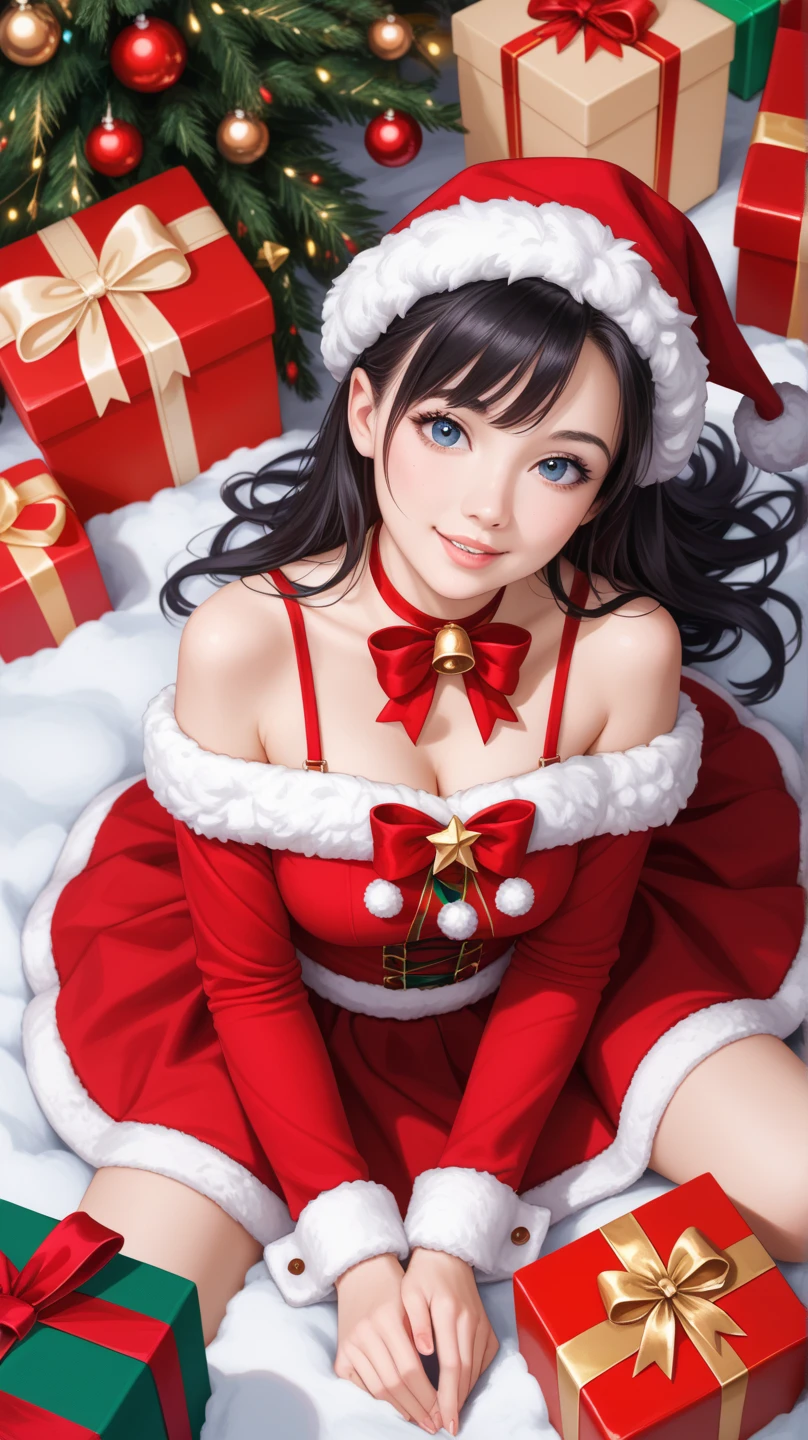 (UHD, retina, masterpiece, accurate, anatomically correct, textured skin, super detail, high details, high quality, best quality, high res, 1080P, HD, 4K, 8k, 16k), (beautiful detailed eyes, beautiful detailed lips, extremely detailed eyes and face), studio lighting, physically-based rendering, vivid colors, (large breasts, glamorous body), (santa hat, santa clothes, smiling while holding a gift decorated with a large ribbon), (portrait, shiny hair, shiny skin, blush, hair blowing in the wind), (wrapping, ribbon, bokeh), eye reflection, jet black hair, (smile and laugh:1.5),