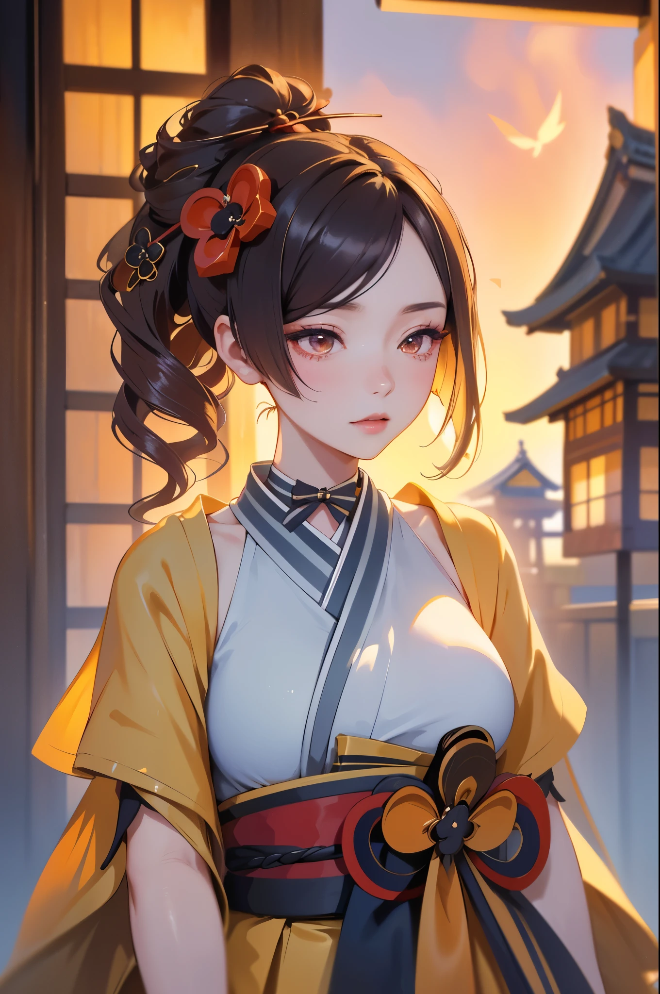 [chiori gi]:1.5,((masterpiece,highest quality,Highly detailed images,Beautiful images))1.4(chiori images、large breasts, japanese old houses、The wind is blowing、Overall dim lighting、Backlight、A fantastic atmosphere、Thick Fog、Dust flutters)1.3,(Close-up image)1.1、
