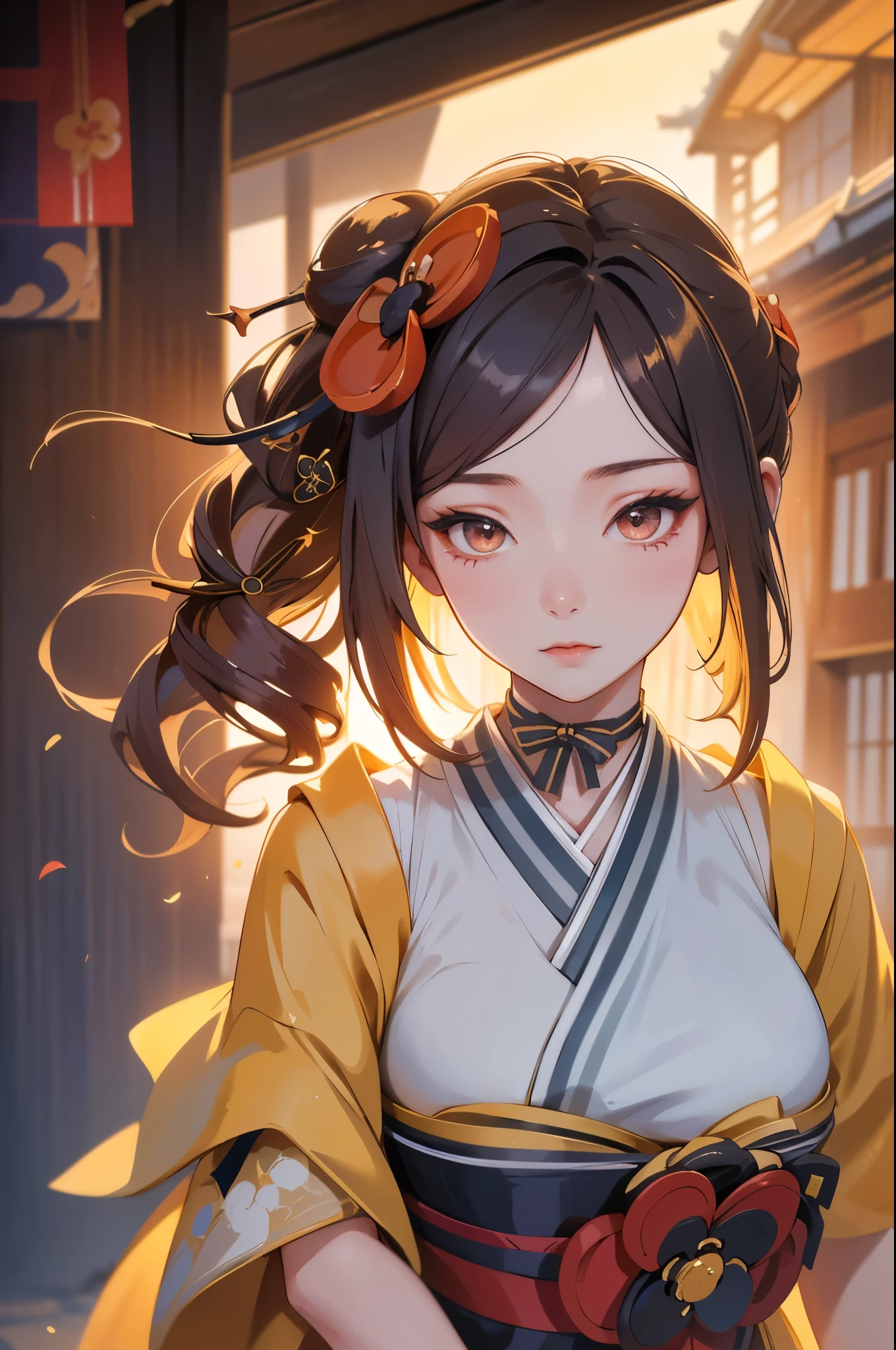 [chiori gi]:1.5,((masterpiece,highest quality,Highly detailed images,Beautiful images))1.4(chiori images、large breasts, japanese old houses、The wind is blowing、Overall dim lighting、Backlight、A fantastic atmosphere、Thick Fog、Dust flutters)1.3,(Close-up image)1.1、
