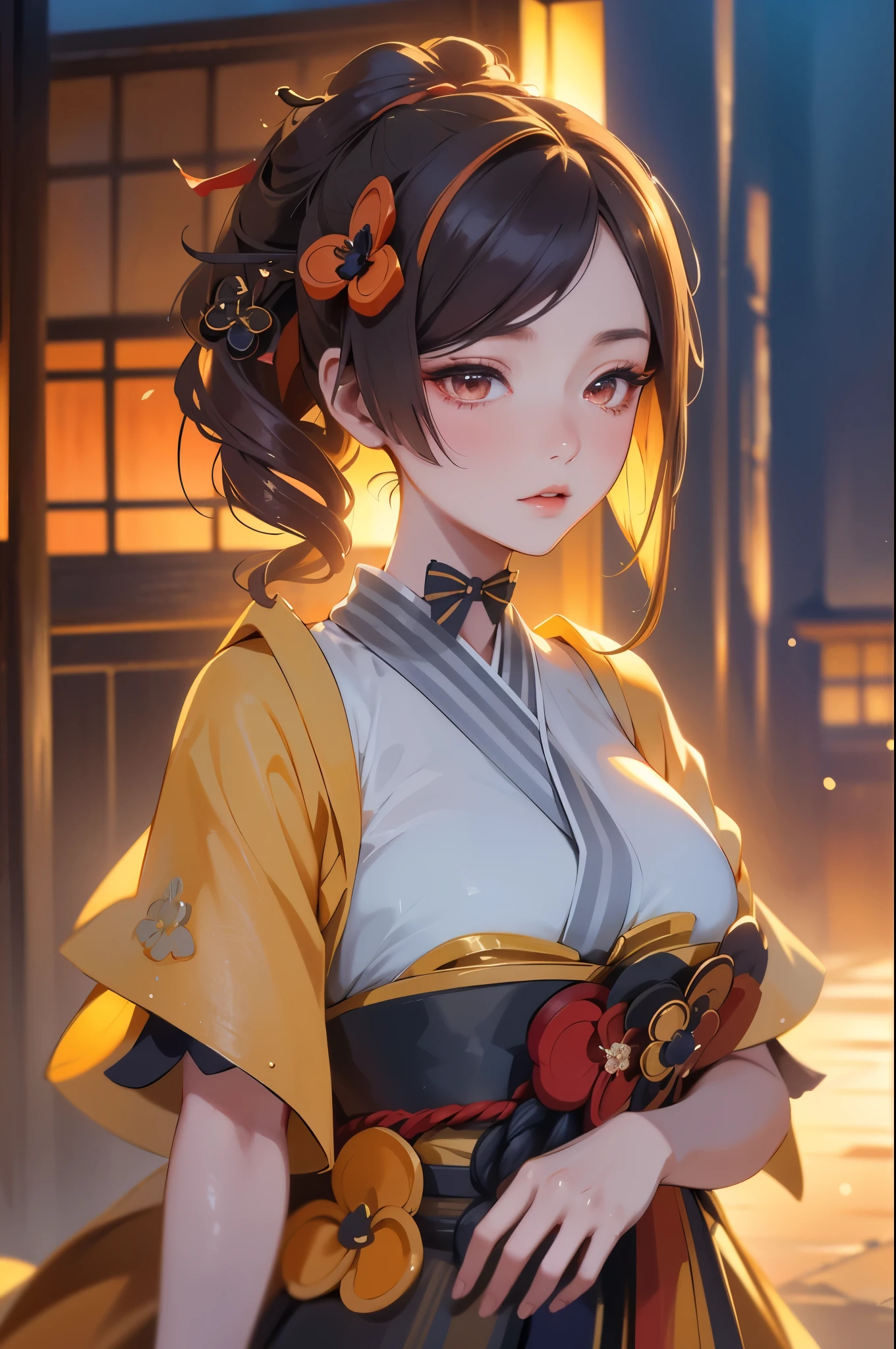 [chiori gi]:1.5,((masterpiece,highest quality,Highly detailed images,Beautiful images))1.4(chiori images、large breasts, japanese old houses、The wind is blowing、Overall dim lighting、Backlight、A fantastic atmosphere、Thick Fog、Dust flutters)1.3,(Close-up image)1.1、
