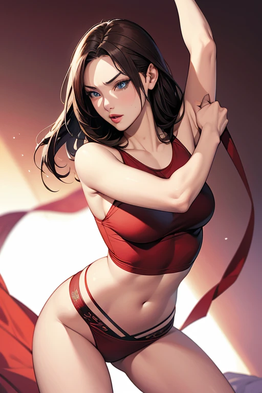 (SFW)Uma linda donzela marcial, de longos cabelos sedosos negros, olhos cativantes, middlebreasts, usando uma estilosa roupa hunfa antiga wuxia de cor vermelha, muito linda, in a haughty position, Arrogant countenance holding a majestic combat spear, cena onde aparece de corpo inteiro em cima de um telhado.(SFW)
