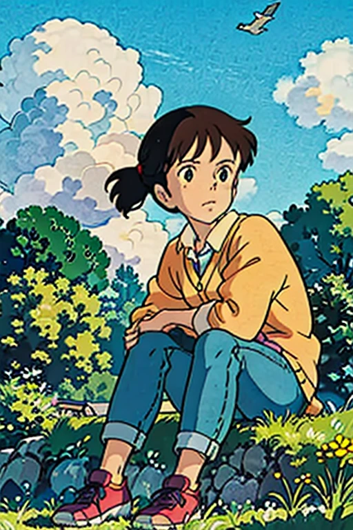 Anime, Studio Ghibli Style, High detail photography showing an asian woman with long rebonding hair, fluffy body type, wearing a tight-shirt and knit cardigan, cargo jeans and sneakers, sitting on the ground with her legs spread, leaning back with her hands supporting her body, looking into the camera, she is sitting in the middle of a dandelion grass field, dandelion are flying in the wind on a windy day, with a blue sky in the background., portrait photography