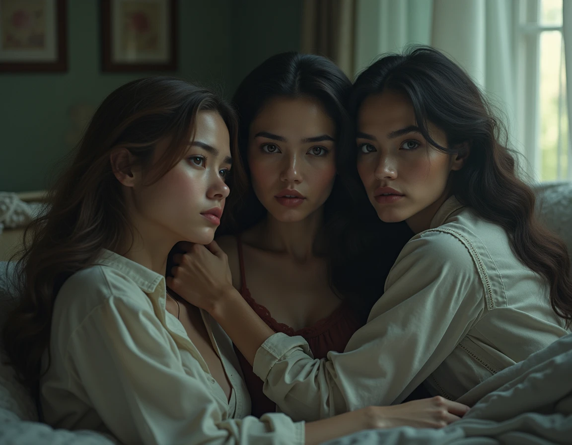 Realistic image of three brunette women with dark brown straight hair, One got sick and is in the hospital
